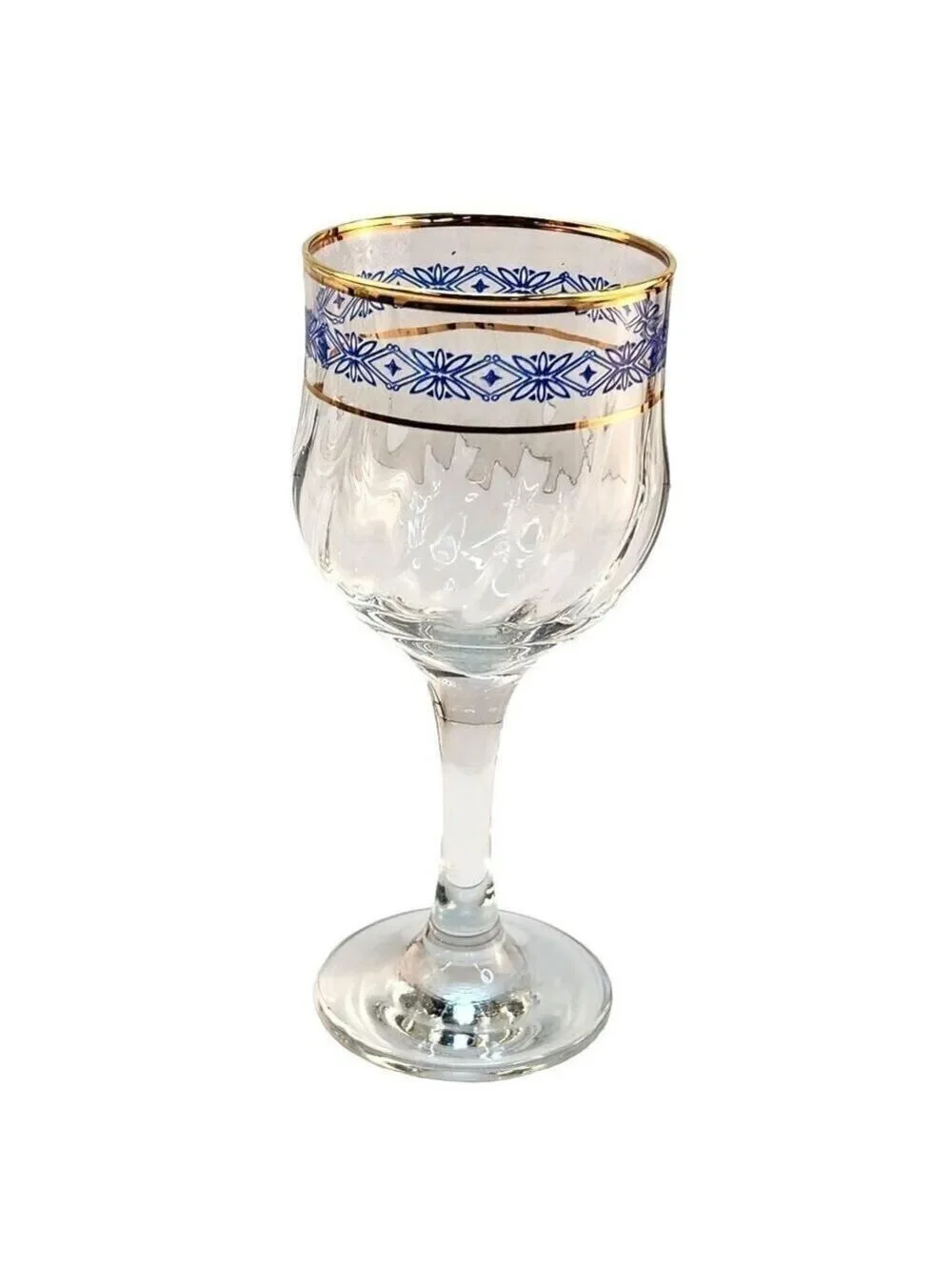 Steamed Wine Glasses Blue Floral Diamond & Gold Rim Design, Swirl Glass